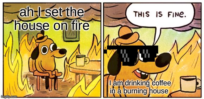 mad dog | ah I set the house on fire; I am drinking coffee in a burning house | image tagged in memes,this is fine | made w/ Imgflip meme maker