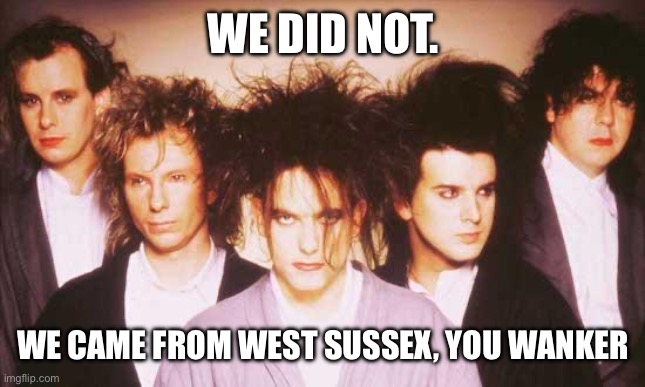 The cure | WE DID NOT. WE CAME FROM WEST SUSSEX, YOU WANKER | image tagged in the cure | made w/ Imgflip meme maker