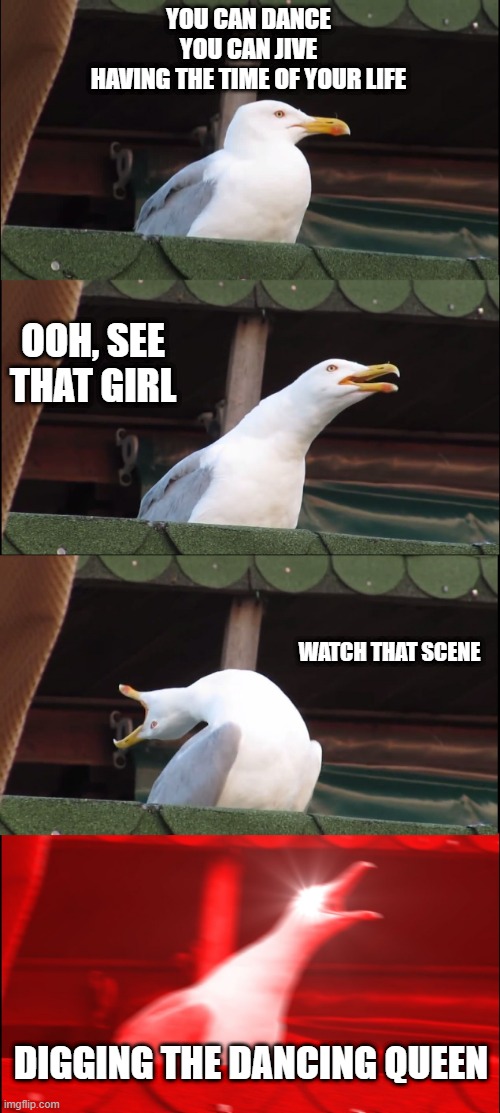 Abba Sang | YOU CAN DANCE
YOU CAN JIVE
HAVING THE TIME OF YOUR LIFE; OOH, SEE THAT GIRL; WATCH THAT SCENE; DIGGING THE DANCING QUEEN | image tagged in memes,inhaling seagull | made w/ Imgflip meme maker