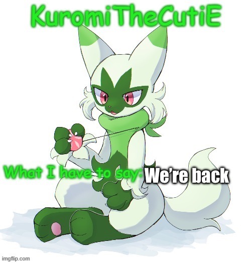Kuromithecuties floragato temp | We’re back | image tagged in kuromithecuties floragato temp | made w/ Imgflip meme maker