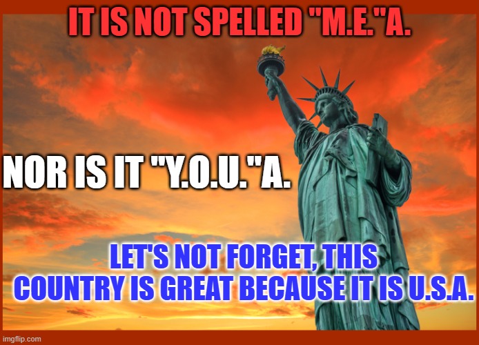 Please, let's go forward united. | IT IS NOT SPELLED "M.E."A. NOR IS IT "Y.O.U."A. LET'S NOT FORGET, THIS COUNTRY IS GREAT BECAUSE IT IS U.S.A. | image tagged in statue of liberty | made w/ Imgflip meme maker