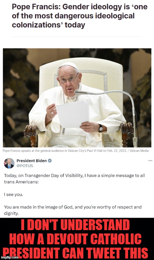 Do you understand? | I DON'T UNDERSTAND HOW A DEVOUT CATHOLIC PRESIDENT CAN TWEET THIS | image tagged in black background,pope francis,joe biden,trans | made w/ Imgflip meme maker