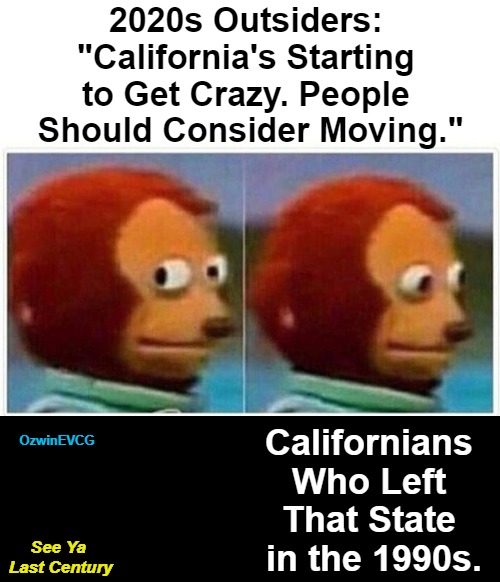 See Ya Last Century | 2020s Outsiders: 

"California's Starting 

to Get Crazy. People 

Should Consider Moving."; Californians 

Who Left 

That State 

in the 1990s. OzwinEVCG; See Ya 

Last Century | image tagged in california,1990s,clownifornia,2020s,commiefornia,escape | made w/ Imgflip meme maker