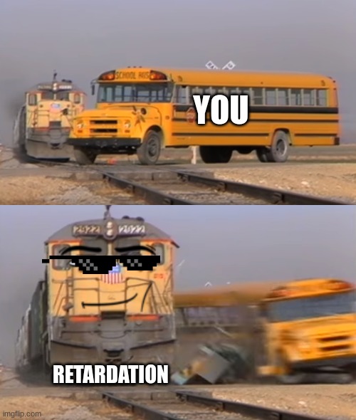 A train hitting a school bus | YOU RETARDATION | image tagged in a train hitting a school bus | made w/ Imgflip meme maker