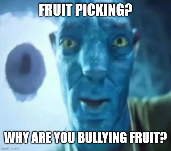 Avatar guy | FRUIT PICKING? WHY ARE YOU BULLYING FRUIT? | image tagged in avatar guy | made w/ Imgflip meme maker