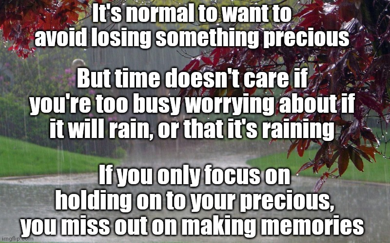 rainy day | It's normal to want to avoid losing something precious; But time doesn't care if you're too busy worrying about if it will rain, or that it's raining; If you only focus on holding on to your precious, you miss out on making memories | image tagged in rainy day | made w/ Imgflip meme maker