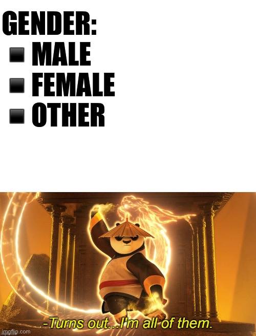GENDER:
▪️MALE
▪️FEMALE
▪️OTHER | image tagged in blank white template,turns out i'm all of them | made w/ Imgflip meme maker