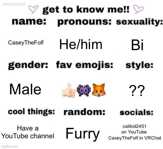 Hi | CaseyTheFolf; He/him; Bi; 👍🏻👾🦊; ?? Male; calikid2451 on YouTube 
CaseyTheFolf in VRChat; Furry; Have a YouTube channel | image tagged in get to know me but better | made w/ Imgflip meme maker