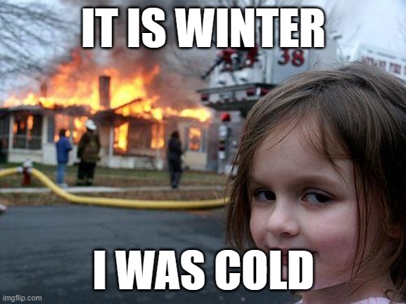 Disaster Girl | IT IS WINTER; I WAS COLD | image tagged in memes,disaster girl | made w/ Imgflip meme maker