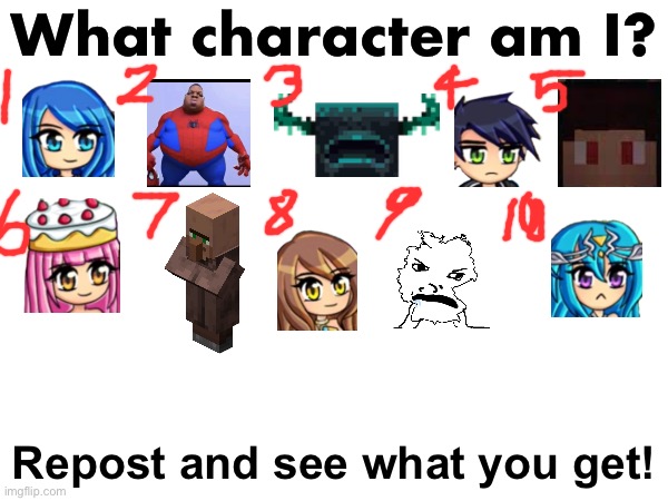I hate to make this but I will make this a template | What character am I? Repost and see what you get! | made w/ Imgflip meme maker