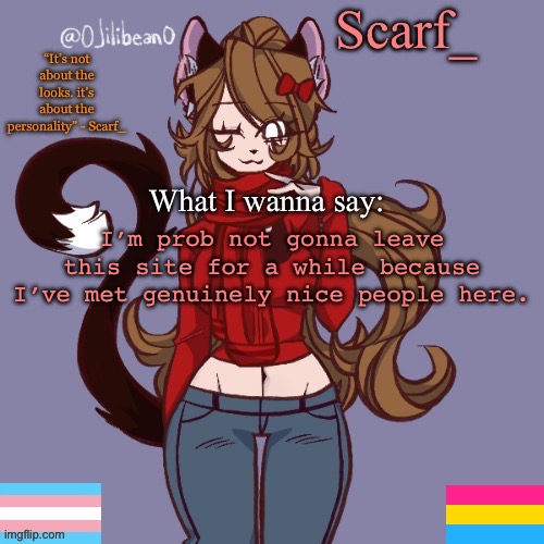 Scarf_ Announcement Template | I’m prob not gonna leave this site for a while because I’ve met genuinely nice people here. | image tagged in scarf_ announcement template | made w/ Imgflip meme maker