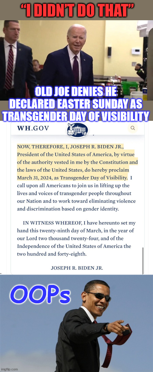 Confirmed... | “I DIDN’T DO THAT”; OLD JOE DENIES HE DECLARED EASTER SUNDAY AS TRANSGENDER DAY OF VISIBILITY; OOPs | image tagged in memes,just as we thought,dementia joe,is not in charge | made w/ Imgflip meme maker