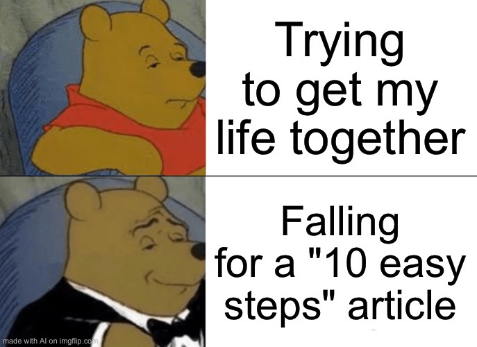 bro really said “hey ten step article you’re hot” | Trying to get my life together; Falling for a "10 easy steps" article | image tagged in memes,tuxedo winnie the pooh | made w/ Imgflip meme maker