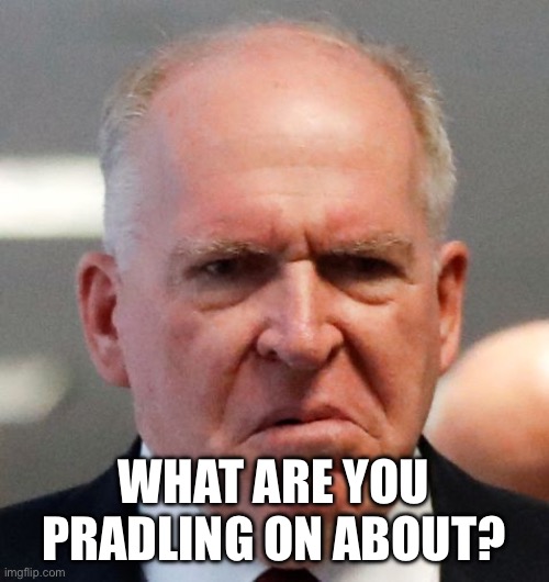 Grumpy John Brennan | WHAT ARE YOU PRADLING ON ABOUT? | image tagged in grumpy john brennan | made w/ Imgflip meme maker