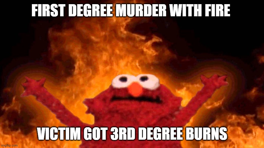 elmo fire | FIRST DEGREE MURDER WITH FIRE; VICTIM GOT 3RD DEGREE BURNS | image tagged in elmo fire | made w/ Imgflip meme maker