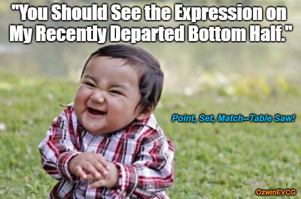 Point, Set, Match--Table Saw! | "You Should See the Expression on 

My Recently Departed Bottom Half."; Point, Set, Match--Table Saw! OzwinEVCG | image tagged in evil toddler,workplace accident,dark humor,child labor,comparing expressions,say what | made w/ Imgflip meme maker