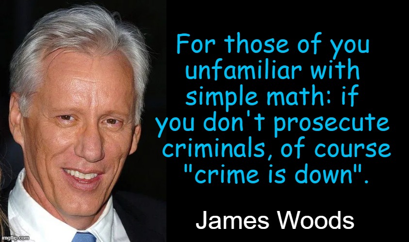 James has been on the right side for a very long time. | For those of you 
unfamiliar with 
simple math: if 
you don't prosecute 
criminals, of course
"crime is down". James Woods | image tagged in politics,math,common core,vs,common sense,crime | made w/ Imgflip meme maker