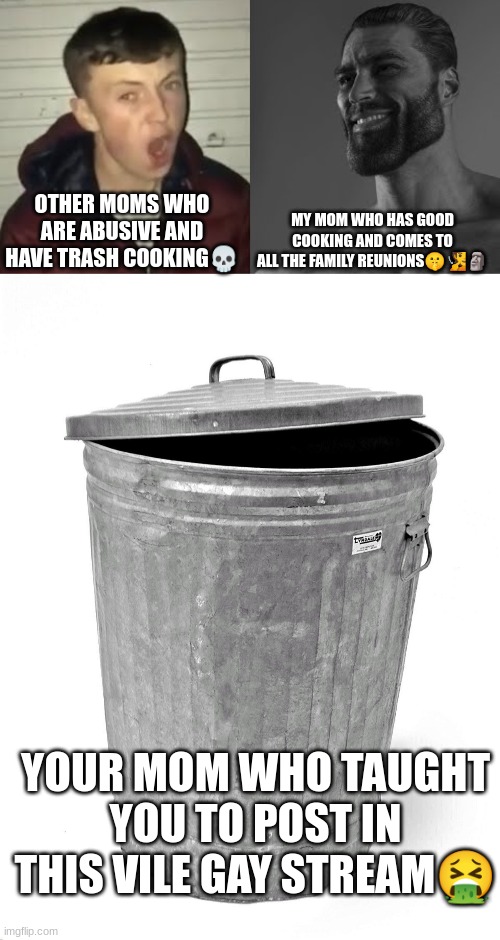 OTHER MOMS WHO ARE ABUSIVE AND HAVE TRASH COOKING? MY MOM WHO HAS GOOD COOKING AND COMES TO ALL THE FAMILY REUNIONS??? YOUR MOM WHO TAUGHT Y | image tagged in average enjoyer meme,trash can | made w/ Imgflip meme maker