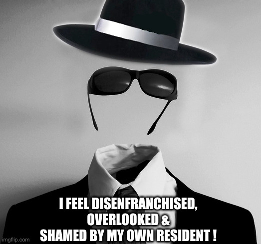 Joe Schmoe | I FEEL DISENFRANCHISED, OVERLOOKED & SHAMED BY MY OWN RESIDENT ! | image tagged in invisible man,political meme,politics,funny memes,funny | made w/ Imgflip meme maker