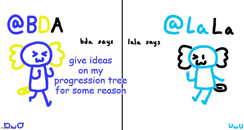 bda and lala announcment temp | give ideas on my progression tree for some reason | image tagged in bda and lala announcment temp | made w/ Imgflip meme maker