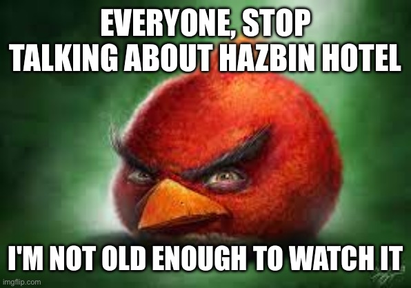 Realistic Red Angry Birds | EVERYONE, STOP TALKING ABOUT HAZBIN HOTEL; I'M NOT OLD ENOUGH TO WATCH IT | image tagged in realistic red angry birds | made w/ Imgflip meme maker