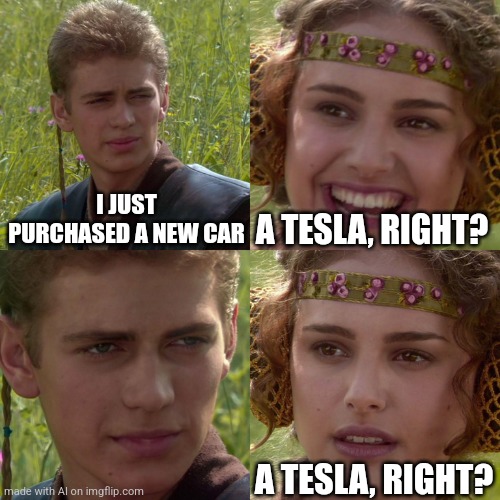 Ok then | I JUST PURCHASED A NEW CAR; A TESLA, RIGHT? A TESLA, RIGHT? | image tagged in anakin padme 4 panel | made w/ Imgflip meme maker