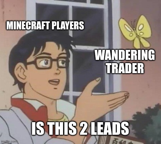 Is This A Pigeon Meme | MINECRAFT PLAYERS; WANDERING TRADER; IS THIS 2 LEADS | image tagged in memes,is this a pigeon | made w/ Imgflip meme maker