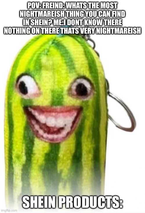 Sheins products when people ar’nt doing challenges. | POV: FREIND: WHATS THE MOST NIGHTMAREISH THING YOU CAN FIND IN SHEIN? ME:I DONT KNOW THERE NOTHING ON THERE THATS VERY NIGHTMAREISH; SHEIN PRODUCTS: | image tagged in shein s nightmare fuel pickle | made w/ Imgflip meme maker