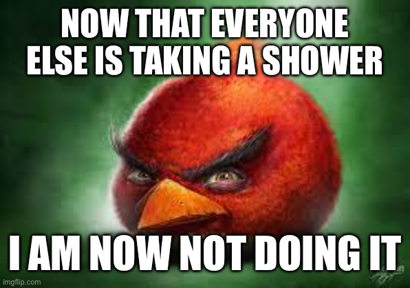 Realistic Red Angry Birds | NOW THAT EVERYONE ELSE IS TAKING A SHOWER; I AM NOW NOT DOING IT | image tagged in realistic red angry birds | made w/ Imgflip meme maker