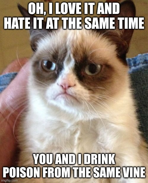Grumpy Cat Meme | OH, I LOVE IT AND HATE IT AT THE SAME TIME; YOU AND I DRINK POISON FROM THE SAME VINE | image tagged in memes,grumpy cat | made w/ Imgflip meme maker