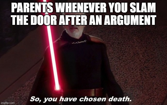 True | PARENTS WHENEVER YOU SLAM THE DOOR AFTER AN ARGUMENT | image tagged in so you have choosen death,relatable memes | made w/ Imgflip meme maker