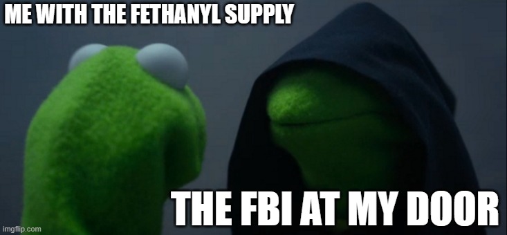 im not gonna make it out | ME WITH THE FETHANYL SUPPLY; THE FBI AT MY DOOR | image tagged in memes,evil kermit | made w/ Imgflip meme maker