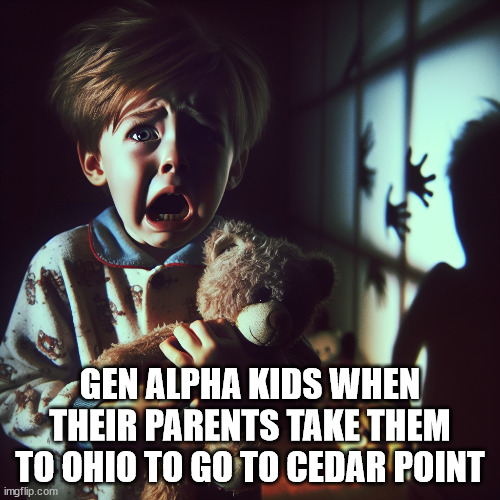 Skibbidi dop dop dop oh no | GEN ALPHA KIDS WHEN THEIR PARENTS TAKE THEM TO OHIO TO GO TO CEDAR POINT | image tagged in scared little kid | made w/ Imgflip meme maker