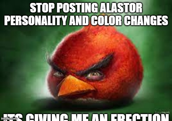 Realistic Red Angry Birds | STOP POSTING ALASTOR PERSONALITY AND COLOR CHANGES; ITS GIVING ME AN ERECTION | image tagged in realistic red angry birds | made w/ Imgflip meme maker