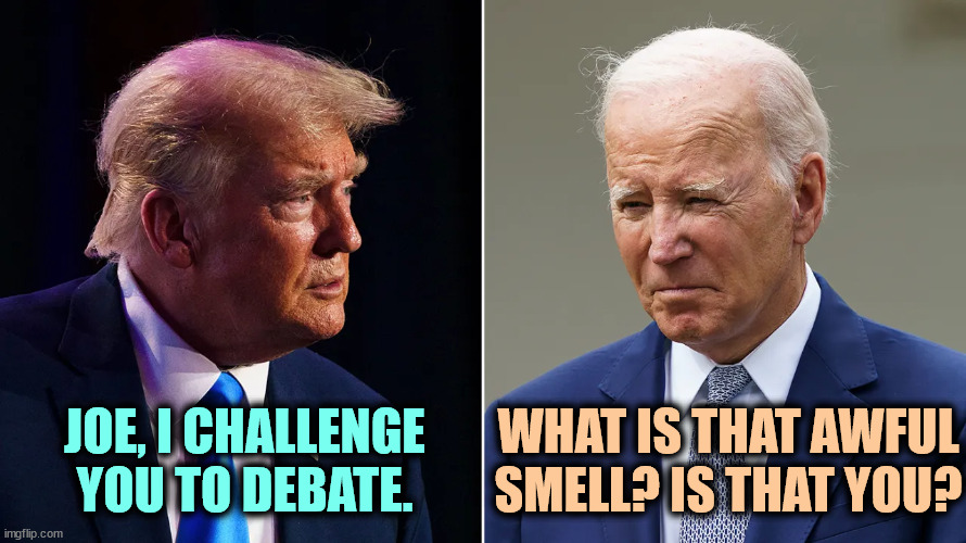JOE, I CHALLENGE YOU TO DEBATE. WHAT IS THAT AWFUL SMELL? IS THAT YOU? | image tagged in biden,serious,trump,smell,smelly | made w/ Imgflip meme maker