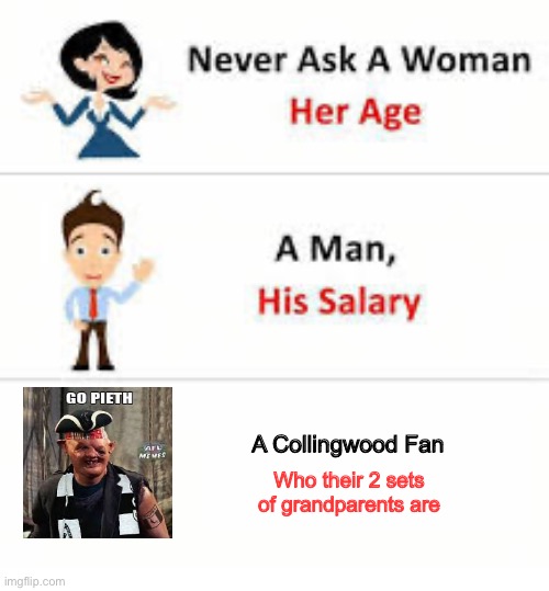 Never ask a woman her age | A Collingwood Fan; Who their 2 sets of grandparents are | image tagged in never ask a woman her age | made w/ Imgflip meme maker