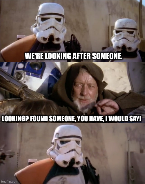These are not the droids you are looking for | WE'RE LOOKING AFTER SOMEONE. LOOKING? FOUND SOMEONE, YOU HAVE, I WOULD SAY! | image tagged in these are not the droids you are looking for | made w/ Imgflip meme maker