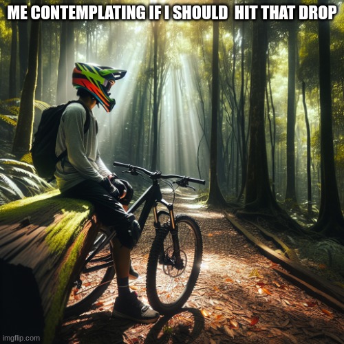 Me about to make a horrible decision | ME CONTEMPLATING IF I SHOULD  HIT THAT DROP | image tagged in mountain biker sitting on a log | made w/ Imgflip meme maker
