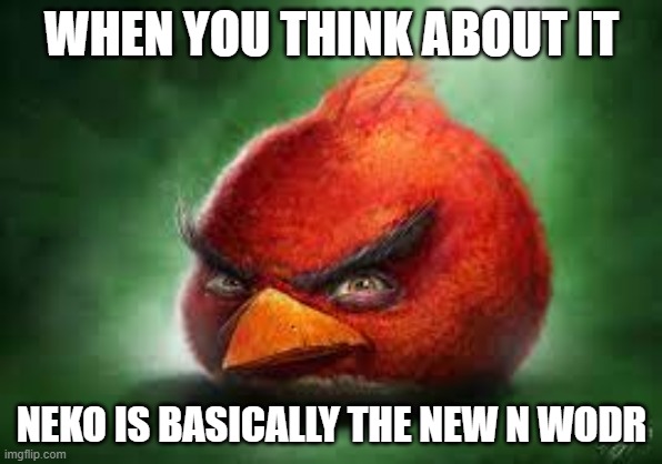 Realistic Red Angry Birds | WHEN YOU THINK ABOUT IT; NEKO IS BASICALLY THE NEW N WODR | image tagged in realistic red angry birds | made w/ Imgflip meme maker