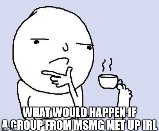 Probably nothing, we are bad at social skills irl | WHAT WOULD HAPPEN IF A GROUP FROM MSMG MET UP IRL | image tagged in thinking meme | made w/ Imgflip meme maker