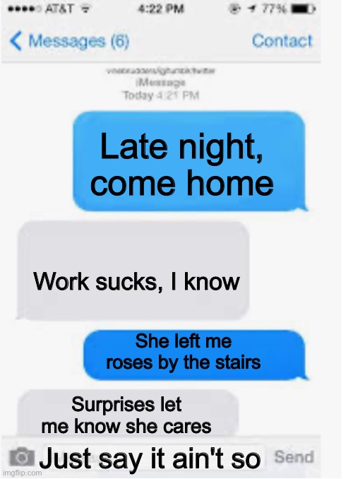 Late night | Late night, come home; Work sucks, I know; She left me roses by the stairs; Surprises let me know she cares; Just say it ain't so | image tagged in blank text conversation | made w/ Imgflip meme maker