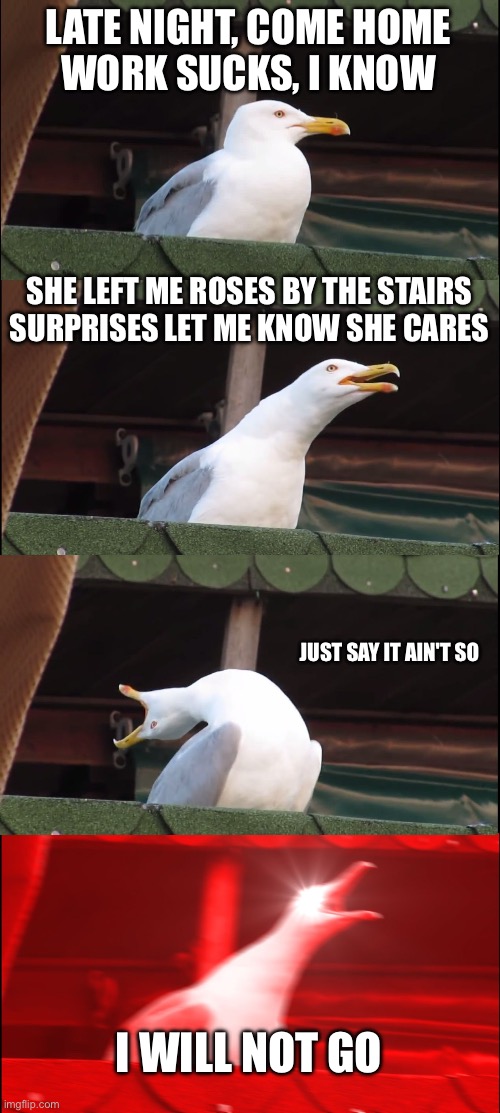 Late night | LATE NIGHT, COME HOME
WORK SUCKS, I KNOW; SHE LEFT ME ROSES BY THE STAIRS
SURPRISES LET ME KNOW SHE CARES; JUST SAY IT AIN'T SO; I WILL NOT GO | image tagged in memes,inhaling seagull | made w/ Imgflip meme maker