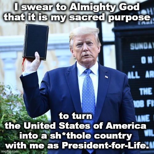 El Pendejo Presidente Amen. | I swear to Almighty God that it is my sacred purpose; to turn 
the United States of America 
into a sh*thole country 
with me as President-for-Life. | image tagged in trump bible,trump,ego,dictator,life,bible | made w/ Imgflip meme maker