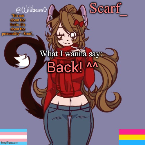 Scarf_ Announcement Template | Back! ^^ | image tagged in scarf_ announcement template | made w/ Imgflip meme maker