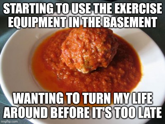 Meabal | STARTING TO USE THE EXERCISE EQUIPMENT IN THE BASEMENT; WANTING TO TURN MY LIFE AROUND BEFORE IT'S TOO LATE | image tagged in meatball | made w/ Imgflip meme maker