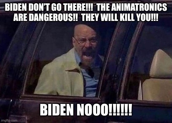 Walter White Screaming At Hank | BIDEN DON’T GO THERE!!!  THE ANIMATRONICS ARE DANGEROUS!!  THEY WILL KILL YOU!!! BIDEN NOOO!!!!!! | image tagged in walter white screaming at hank | made w/ Imgflip meme maker