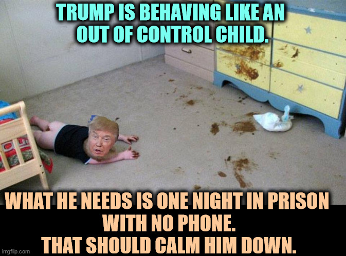 TRUMP IS BEHAVING LIKE AN 
OUT OF CONTROL CHILD. WHAT HE NEEDS IS ONE NIGHT IN PRISON 
WITH NO PHONE.
THAT SHOULD CALM HIM DOWN. | image tagged in trump,rage,child,prison,phone,calm | made w/ Imgflip meme maker
