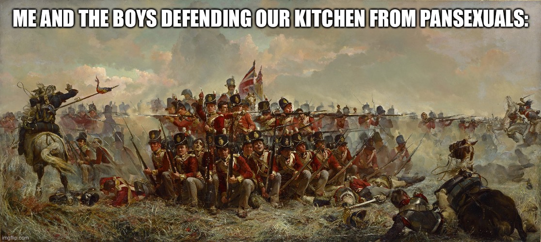 Square formation! | ME AND THE BOYS DEFENDING OUR KITCHEN FROM PANSEXUALS: | image tagged in pansexual,memes,british,oh wow are you actually reading these tags | made w/ Imgflip meme maker