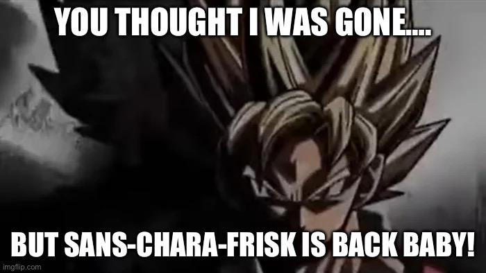 IM BACK!!! | YOU THOUGHT I WAS GONE…. BUT SANS-CHARA-FRISK IS BACK BABY! | image tagged in goku staring | made w/ Imgflip meme maker