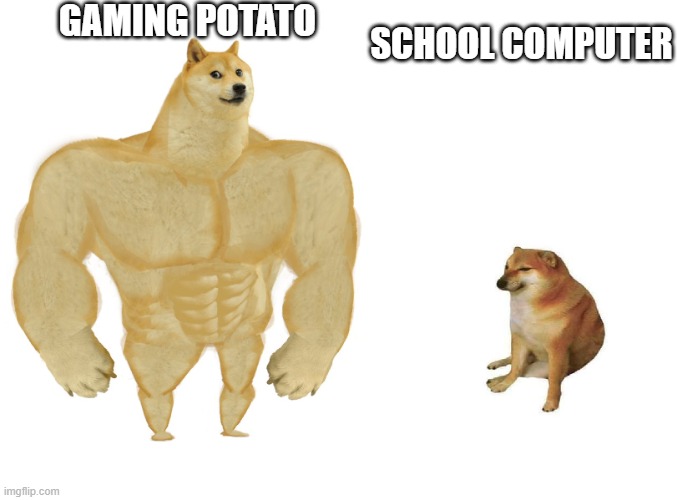Big dog small dog | GAMING POTATO; SCHOOL COMPUTER | image tagged in big dog small dog | made w/ Imgflip meme maker